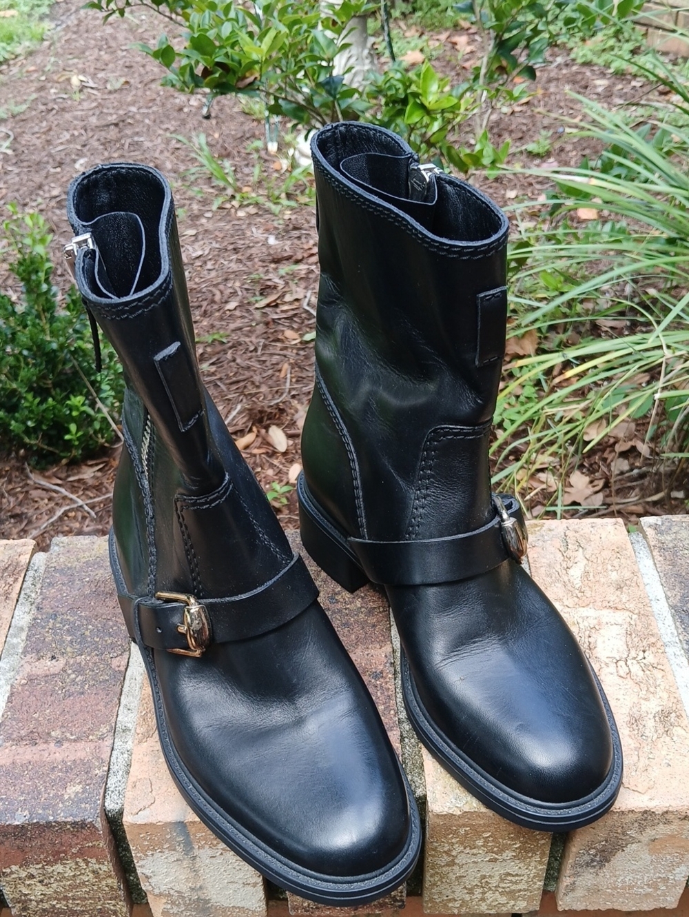 Gucci Black Leather Mid-Calf Buckle Combat Boots